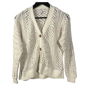 REISS‎ Open Knit Cardigan Women's XS Cream Linen Cotton Blend Button Front Chic